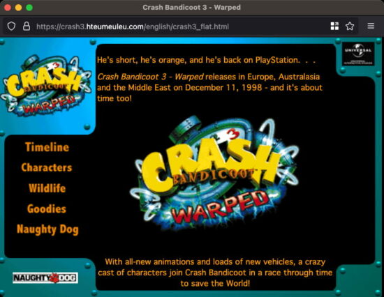 Capture d'écran de la page d'introduction du site de Crash Bandicoot 3.